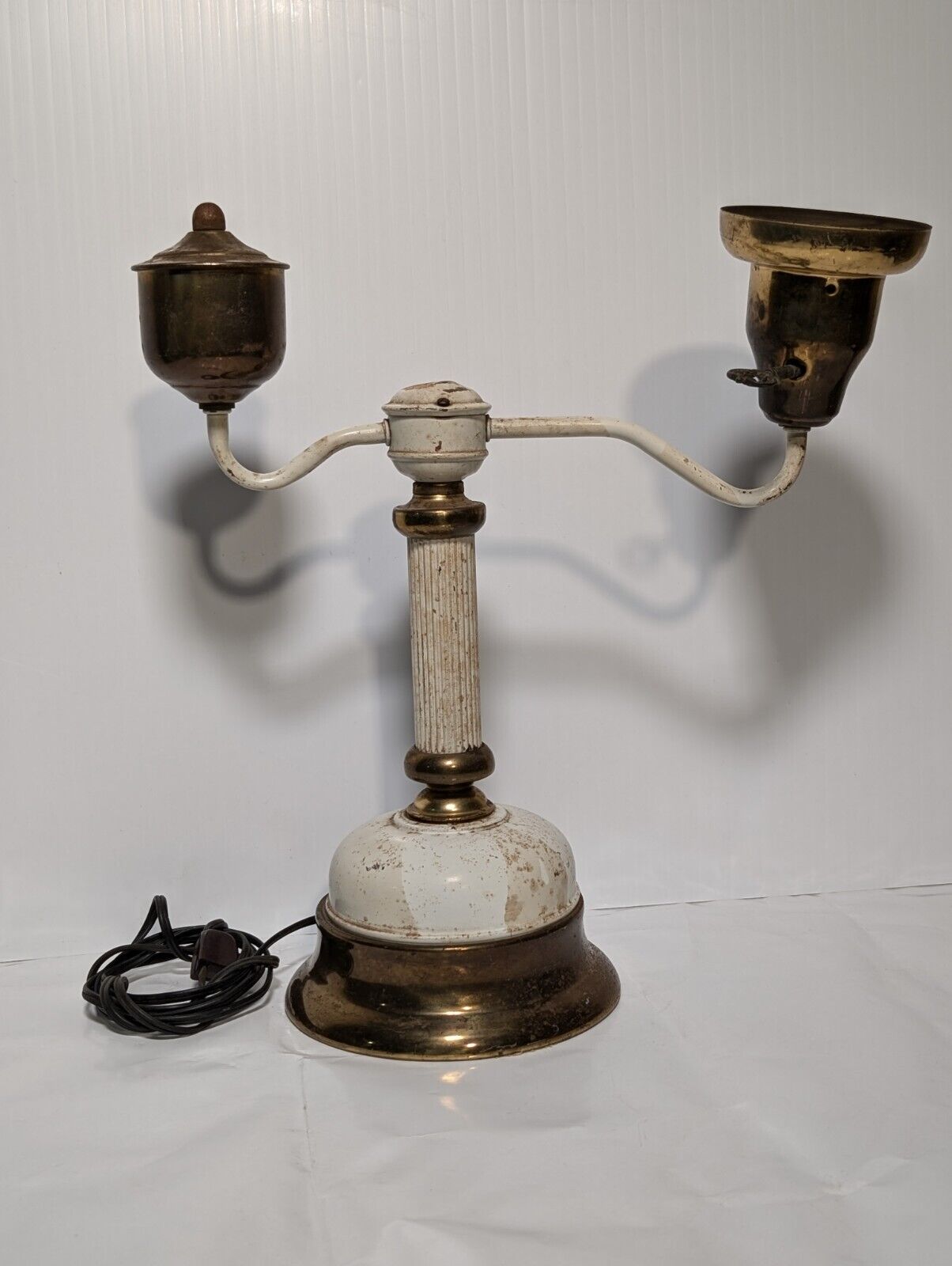 Unique Vintage Brass and White Table Lamp with Offset Swivel Light Bulb Socket