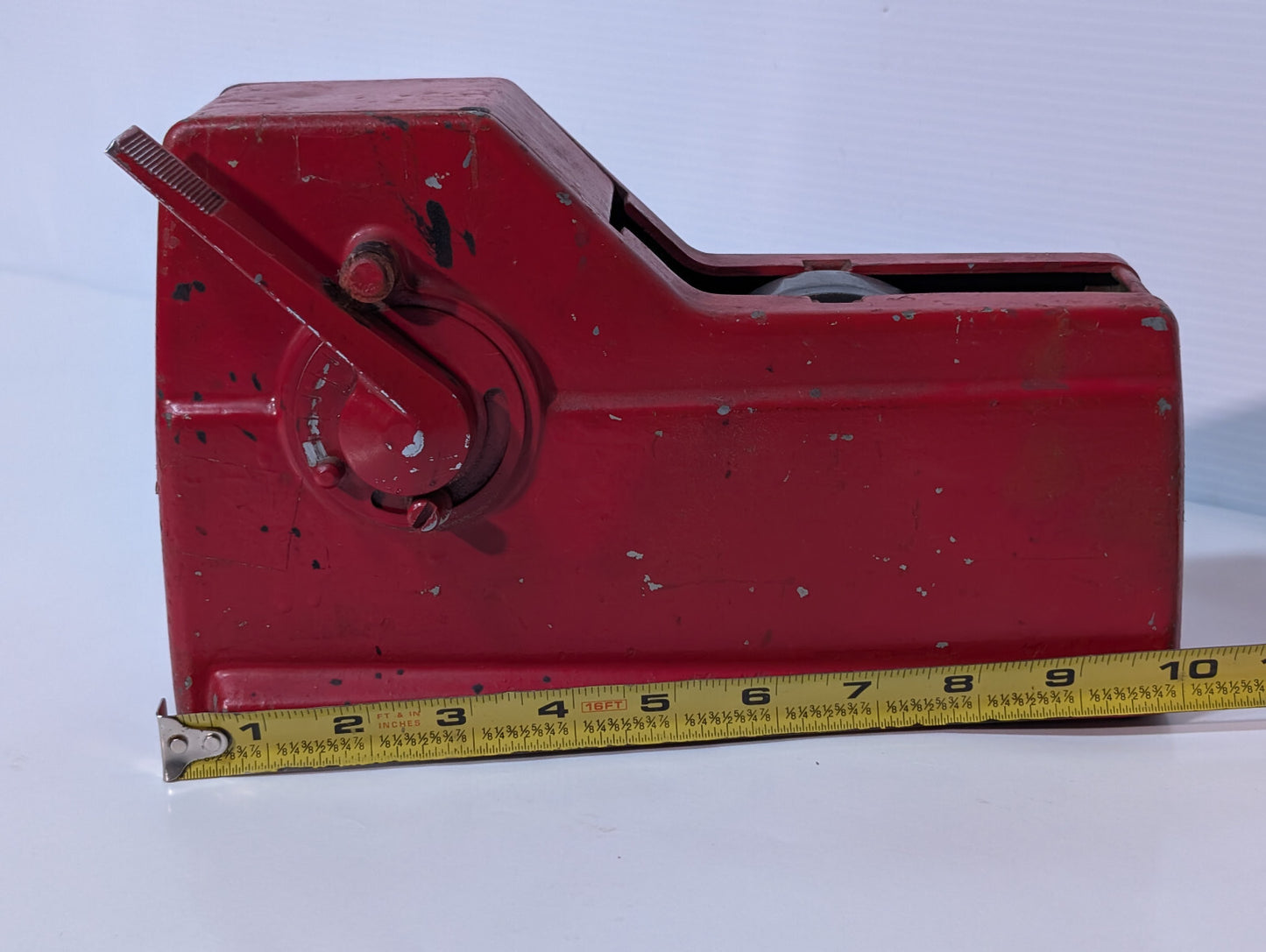 Vintage 1950s Red Cast Iron Industrial Toothed Grip Wheel Tape Dispenser Tool