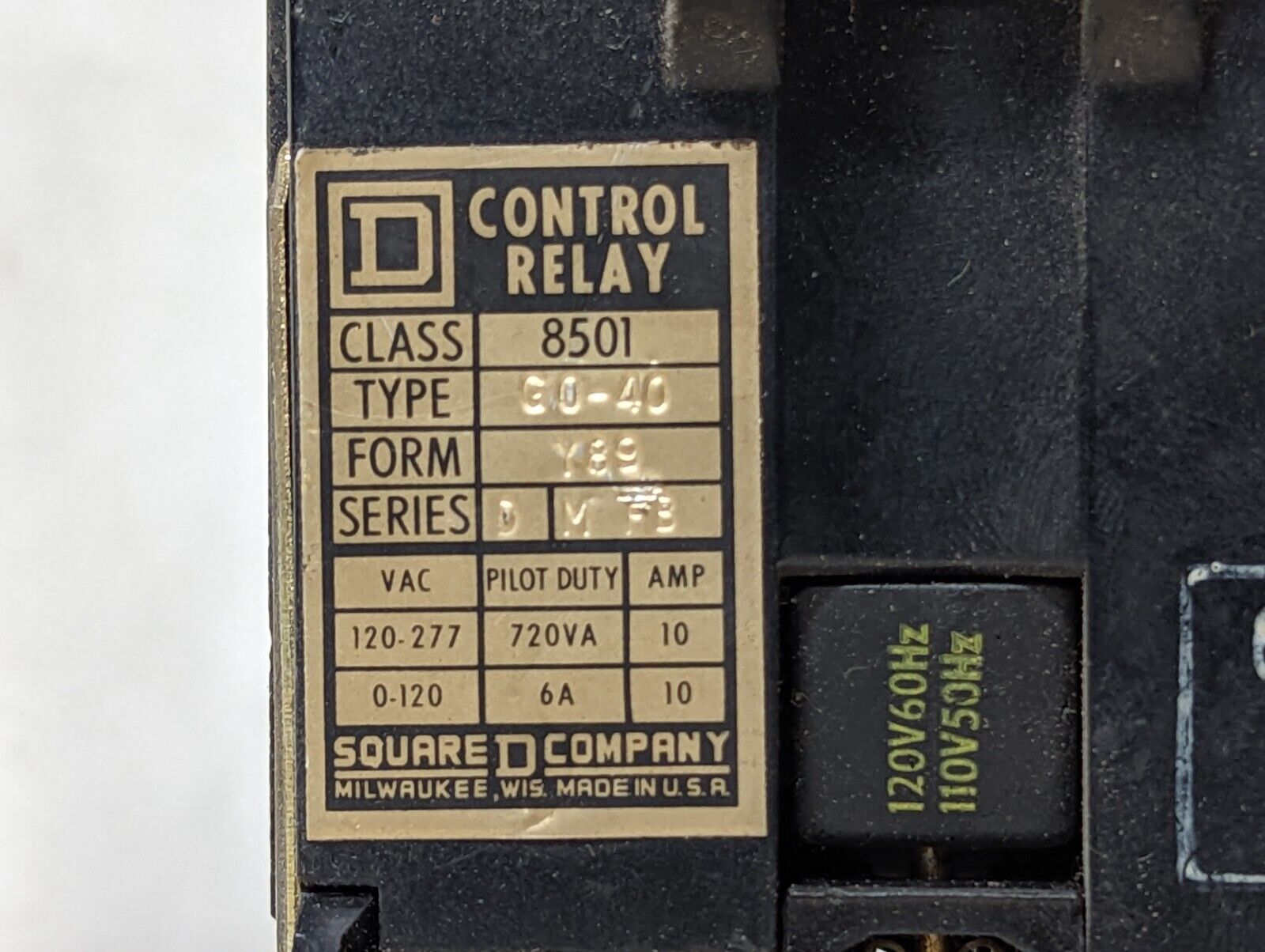 Square D 8501GO40 control relay, 110/120VAC coil, 8501G040