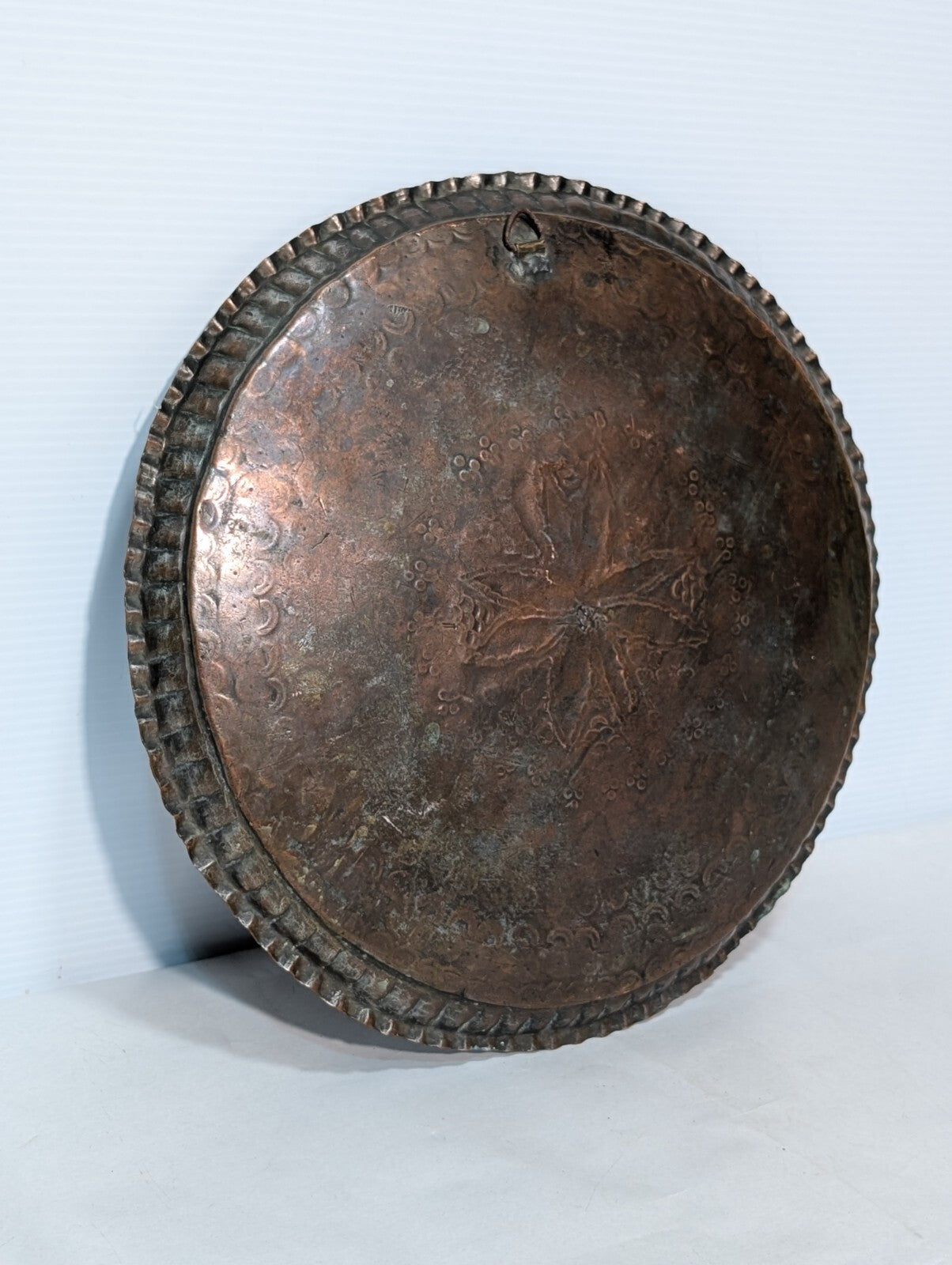 Vintage Hammered + Etched Copper Tray, Possibly Persian or Syrian, 13" Diameter