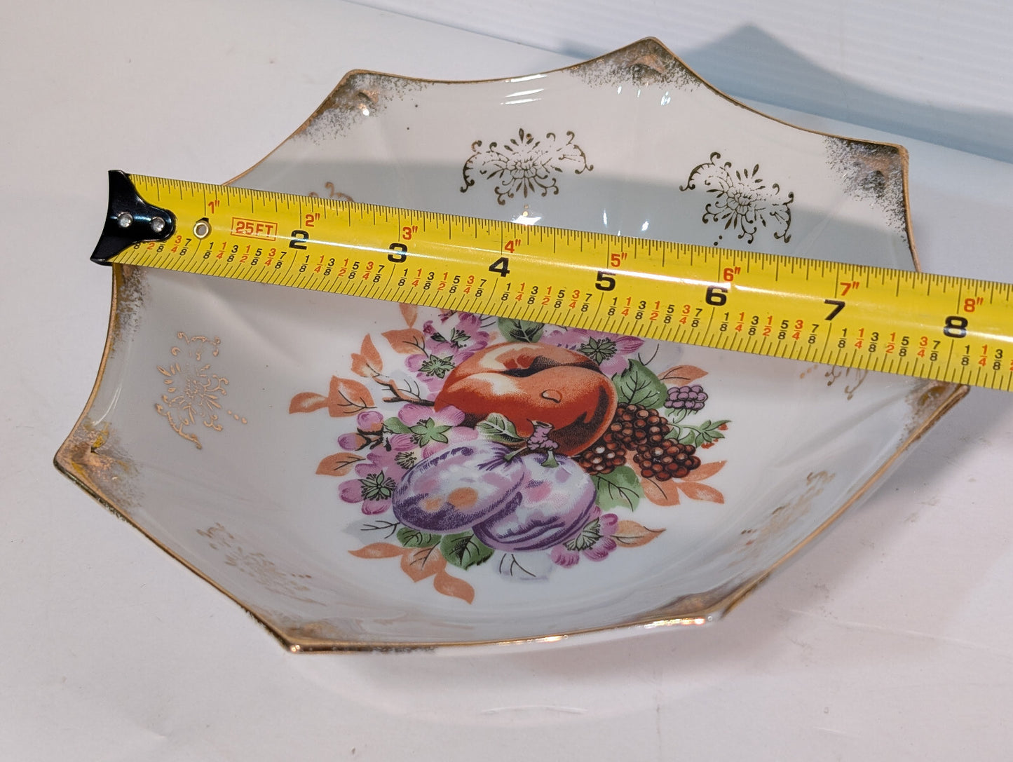 Vintage Antique Victorian Porcelain Bowl Plum Nectarine Berry Fruit Gold Tone