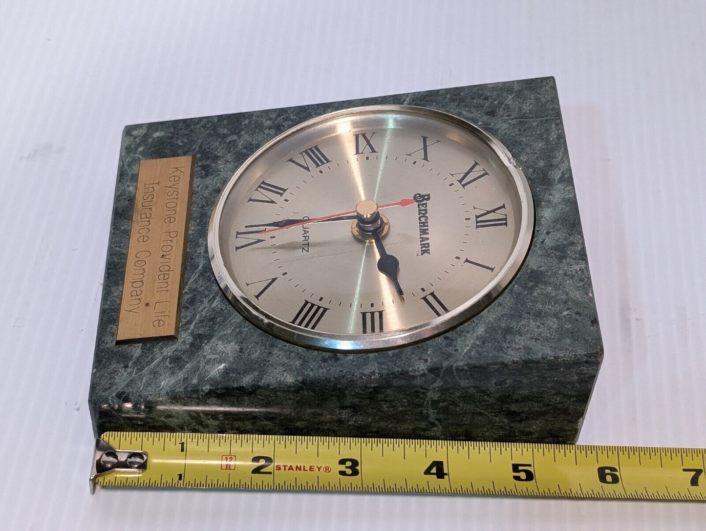 Vintage Benchmark Desk Clock in Green Granite, Keystone Provident- Free Shipping