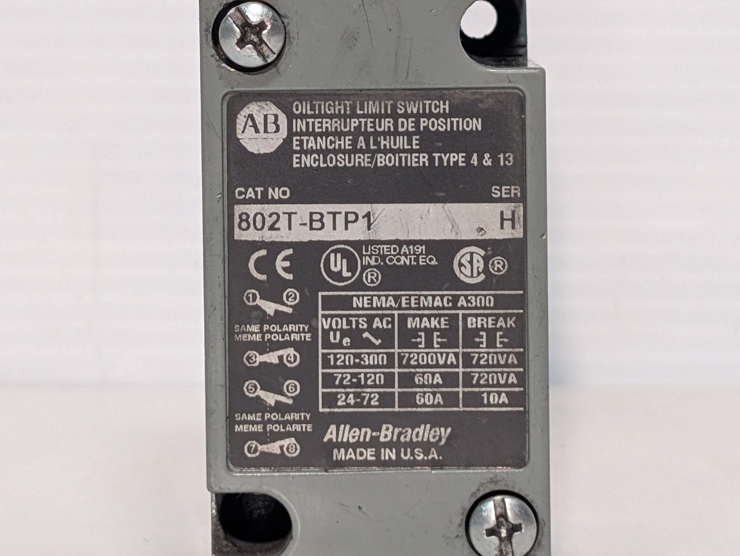 Allen Bradley 802T-BTP1 Oil Tight Limit Switch, Series H, Made in USA