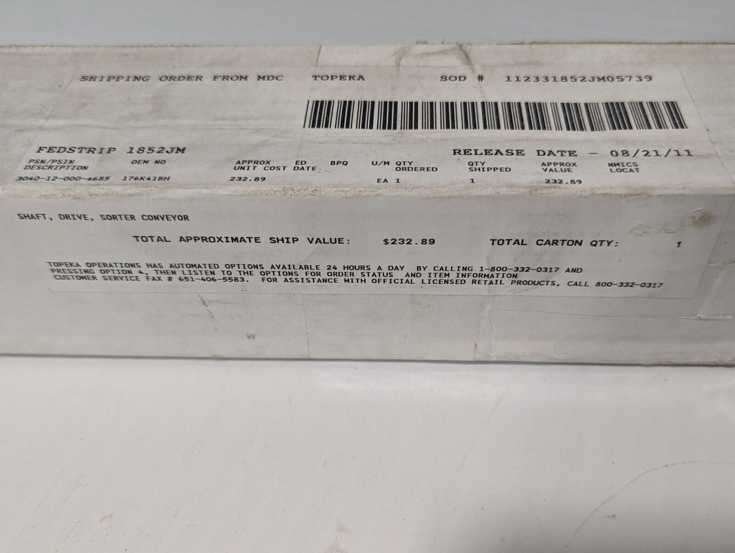 3040-12-000-4685 176K418H Sorter Conveyor Drive Shaft - Free Shipping