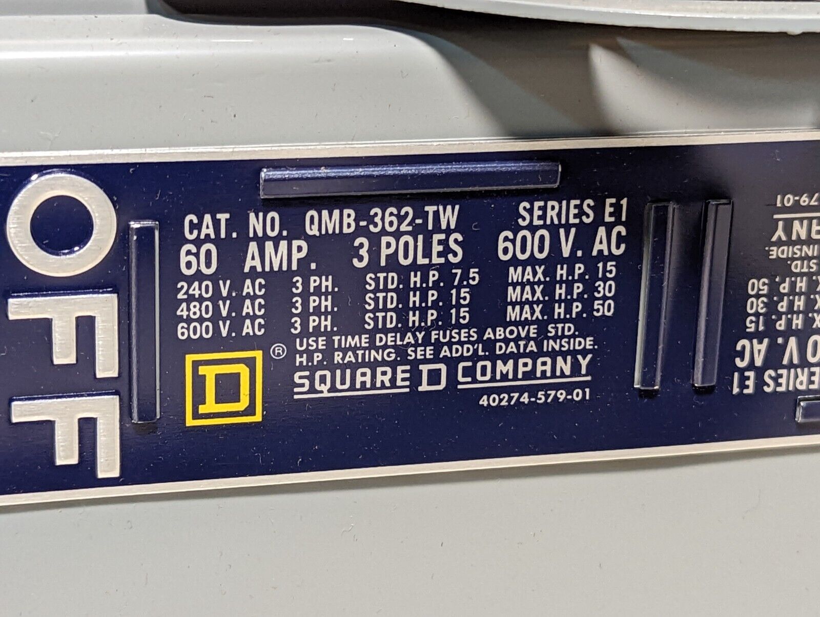 Square D QMB-362-TW QMB fusible panelboard switch, 600VAC, 60A, 15HP, 50HP max