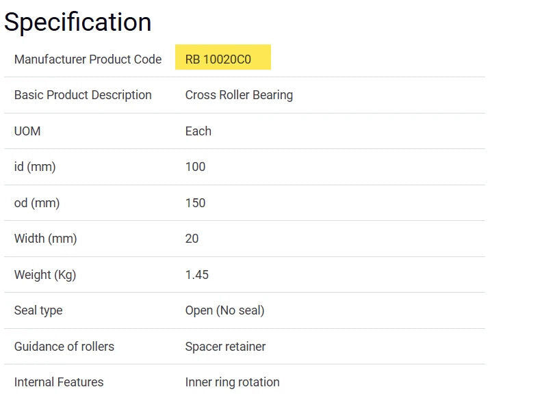 THK RB10020C0 Cross Roller Bearing, 150mm OD x 100mm Bore x 20mm Width
