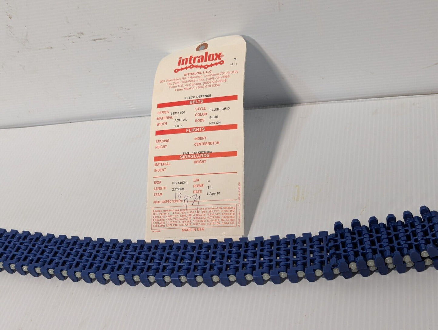 Intralox ser. 1100 acetal/nylon belt, 1.8 inches wide, 2.70 ft long, 54 rows