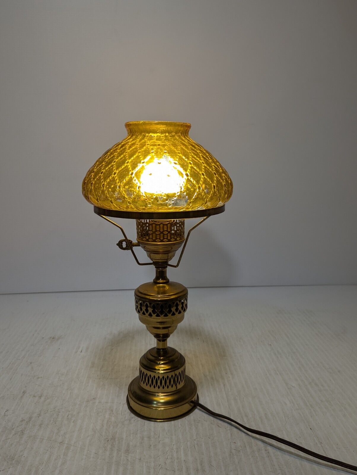 Vintage Amber Hurricane Resin Base Pressed Glass Diamond Table Lamp* - Free Ship