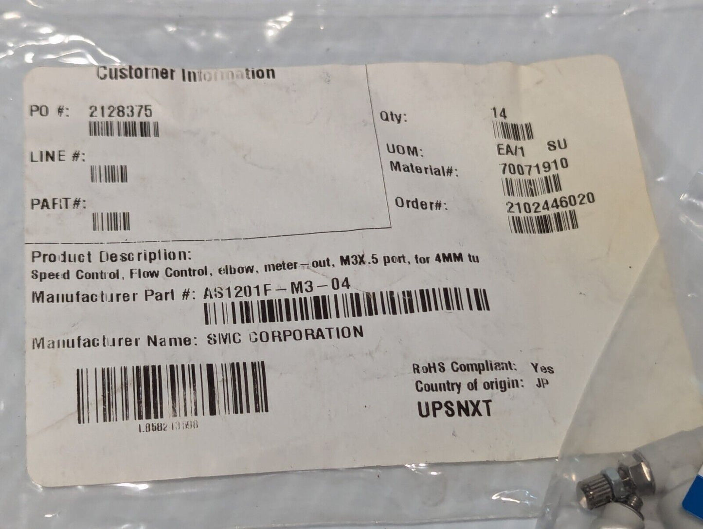 20 Pcs (2 Bags of 10) SMC AS1201F-M3-04 Flow Controller - Free Shipping+Returns
