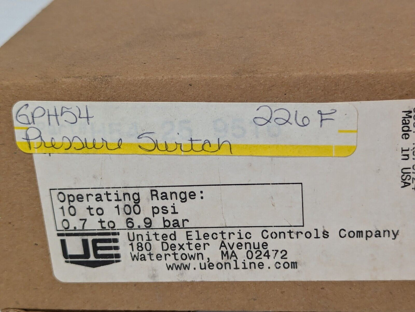 United Electric H54-25 9516 pressure switch, 10-100PSI, 600 PSI max - Free Ship