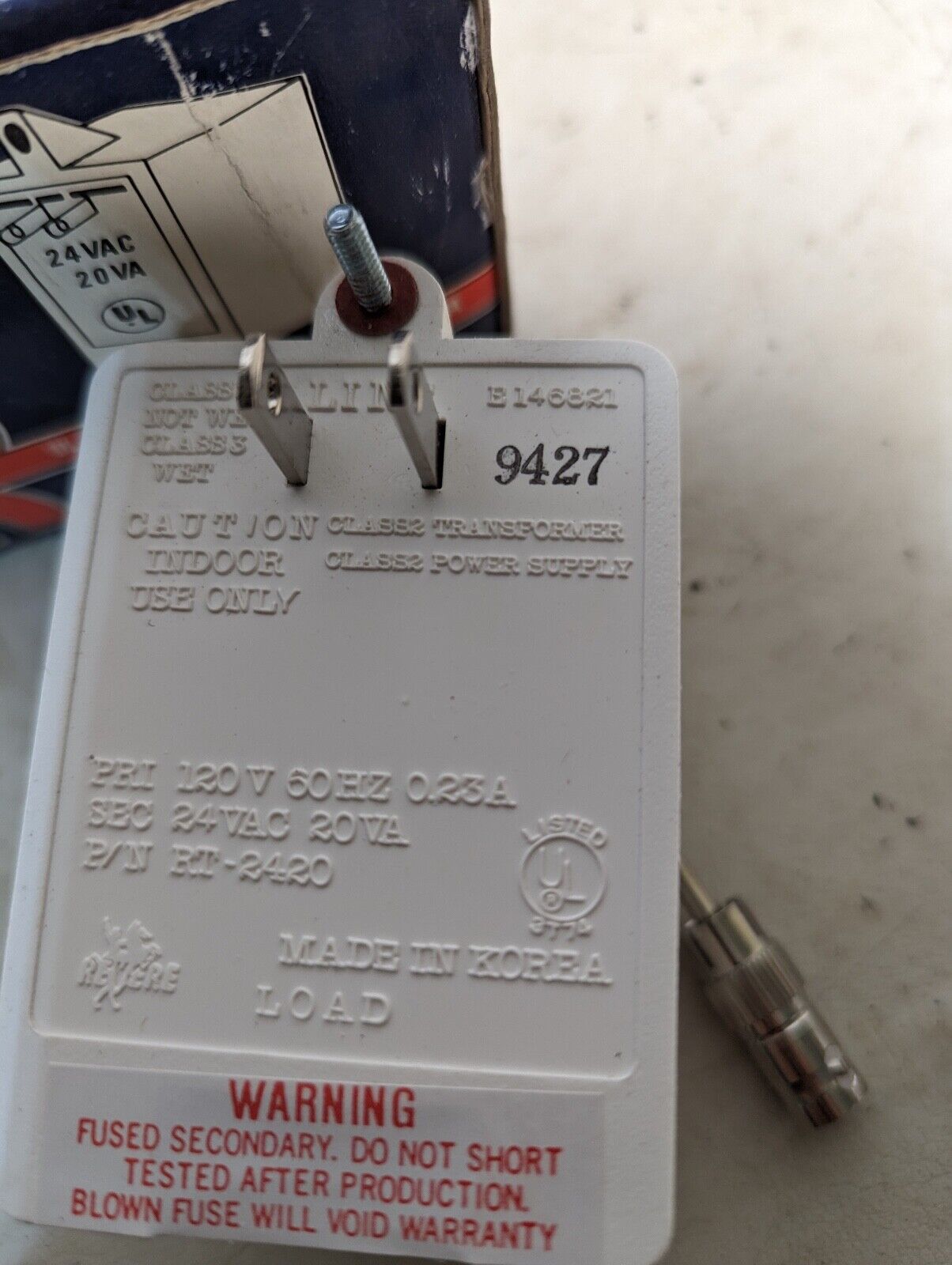 Revere RT2420 UL Plug-in Transformer 24VAC 20 VA