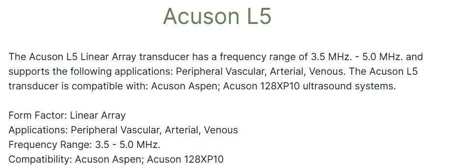 Acuson L5 Needle Guide Linear Ultrasound Transducer - Free Shipping