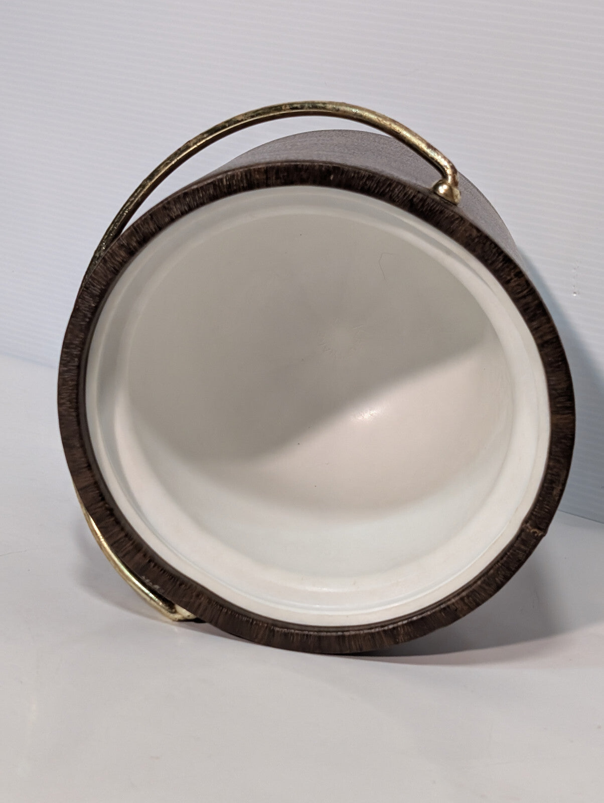 Vintage 1970s Party Ice Bucket Vinyl Faux Wood Grain Gold Handle, No Lid
