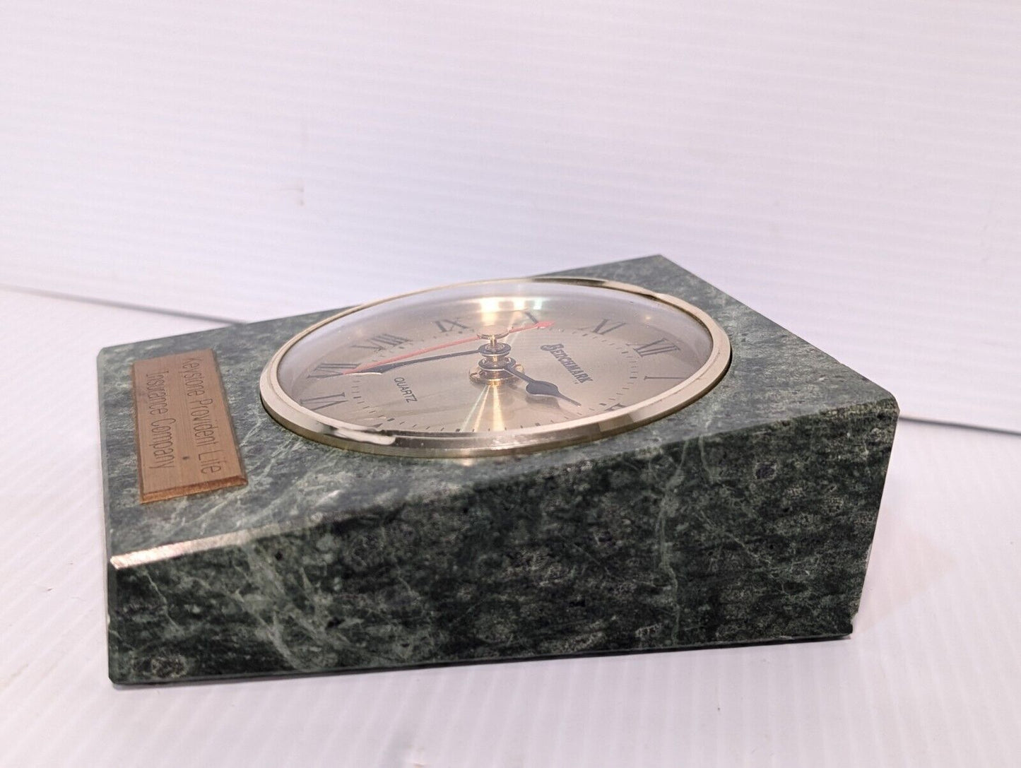 Vintage Benchmark Desk Clock in Green Granite, Keystone Provident- Free Shipping