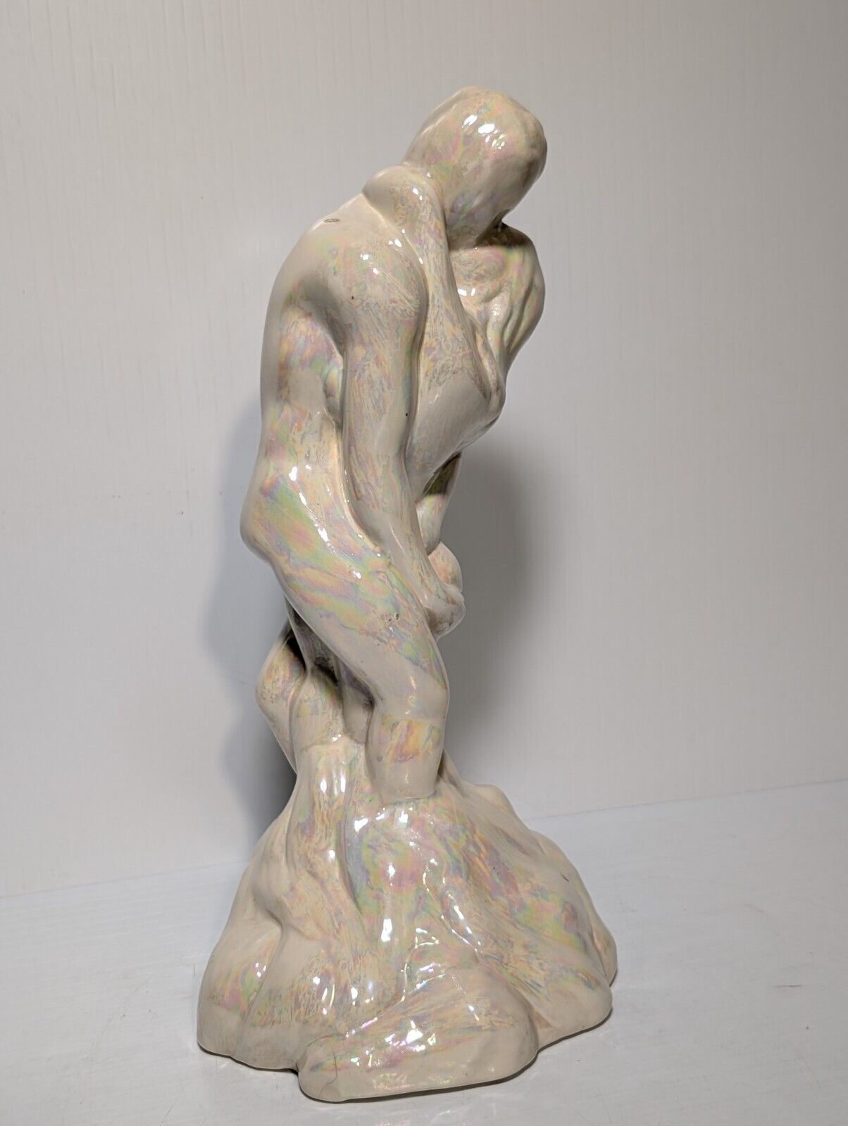 Vintage Lovers Naked Man Woman Embracing Erotic Pearlescent Ceramic Statue