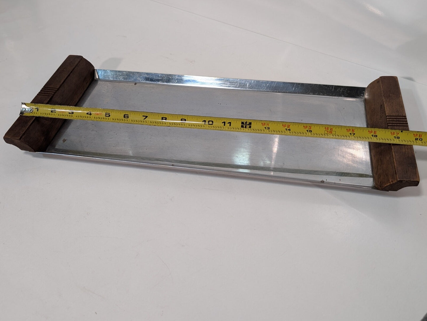 Vintage MCM Stainless Steel Serving Tray with Wooden Handles, 7-3/4" x 19"