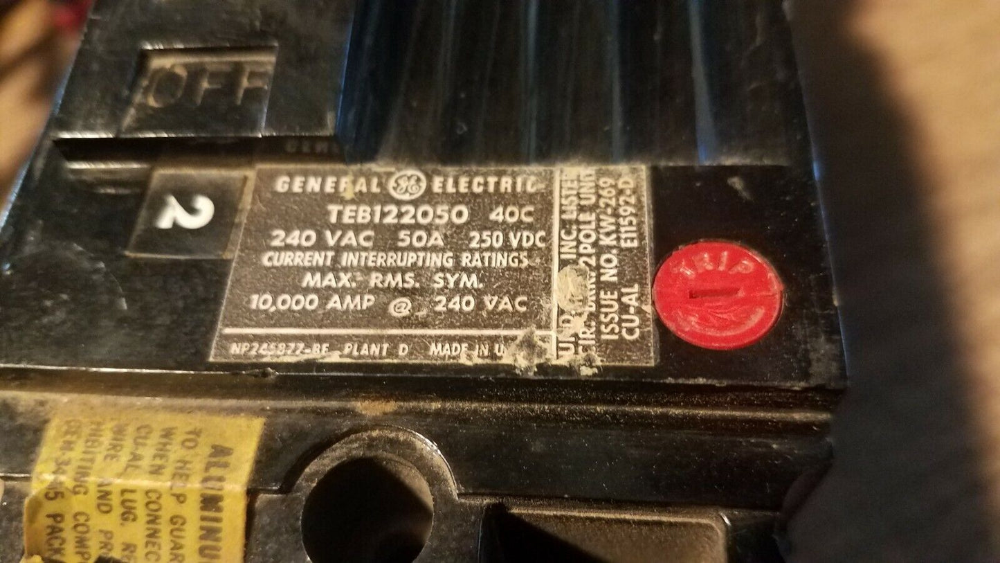 General Electric TEB122050 circuit breaker, 50 amps, 240 VAC, 250 VDC, used