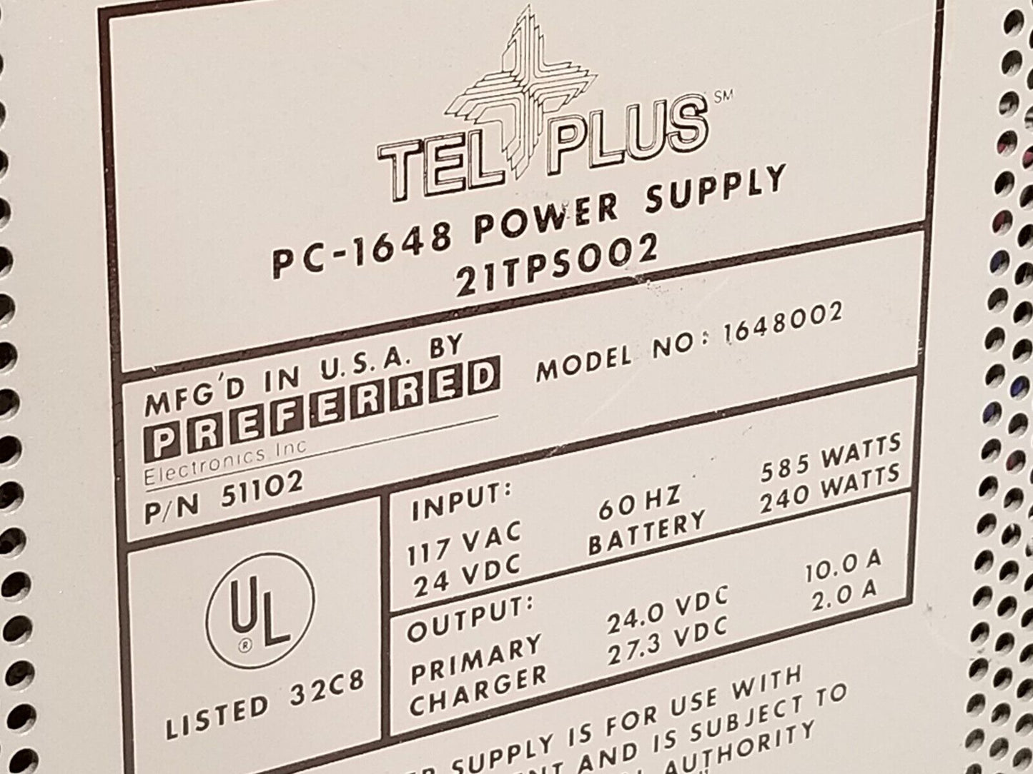 Tel-Plus PC-1648 power supply, 21TPS002, 24.0/27.3 VDC out at 10.0A/2.0A