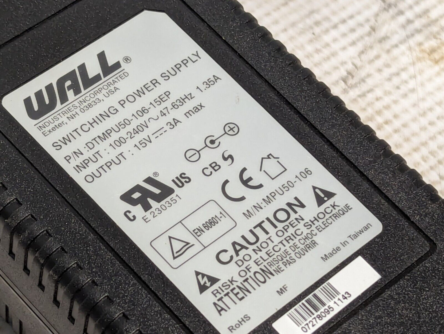 Wall Industries Switching Power Supply DTMPU50-106-15EP 15V-3A - Free Shipping