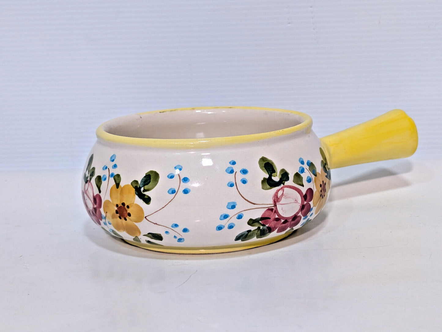Vintage Hand Painted Soup Crock Pot Ceramic Dish Flowers Yellow Blue Green Berry