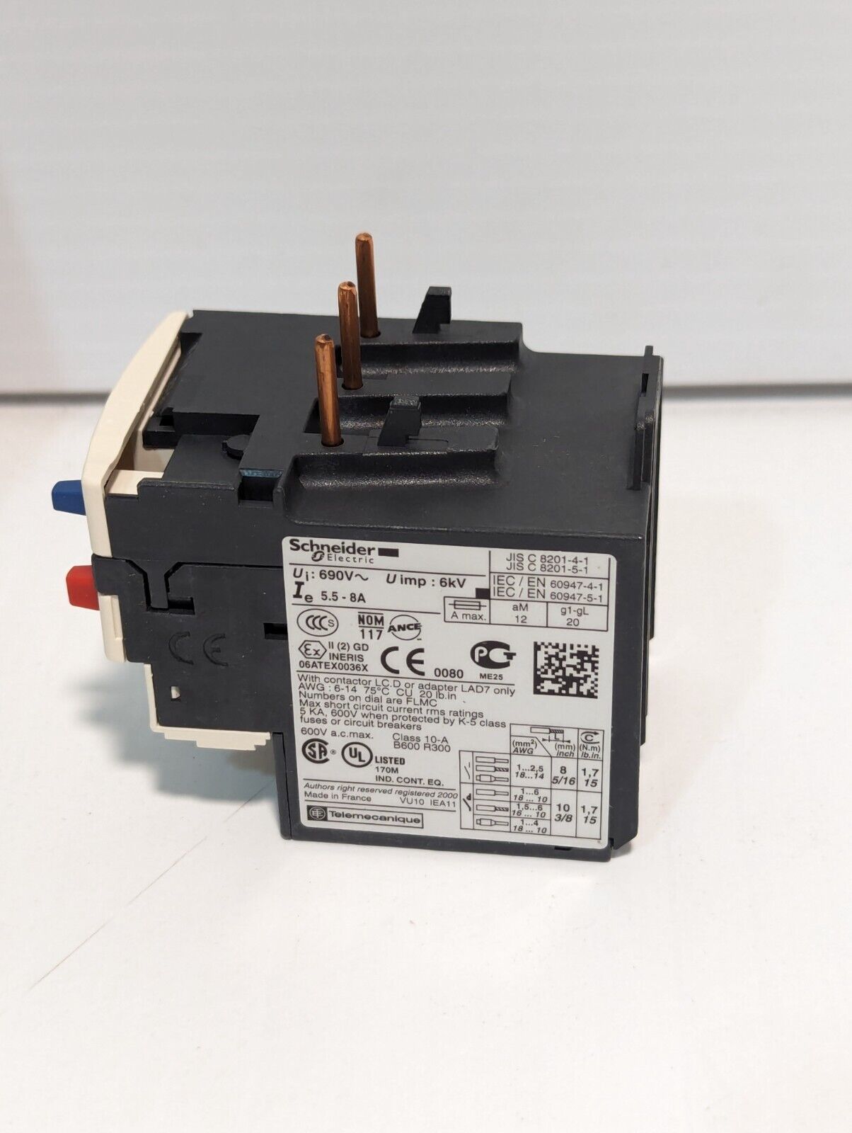 Schneider LRD12 Thermal Overload Relay 600V 5.5-8A 3-Pole - Free Shipping