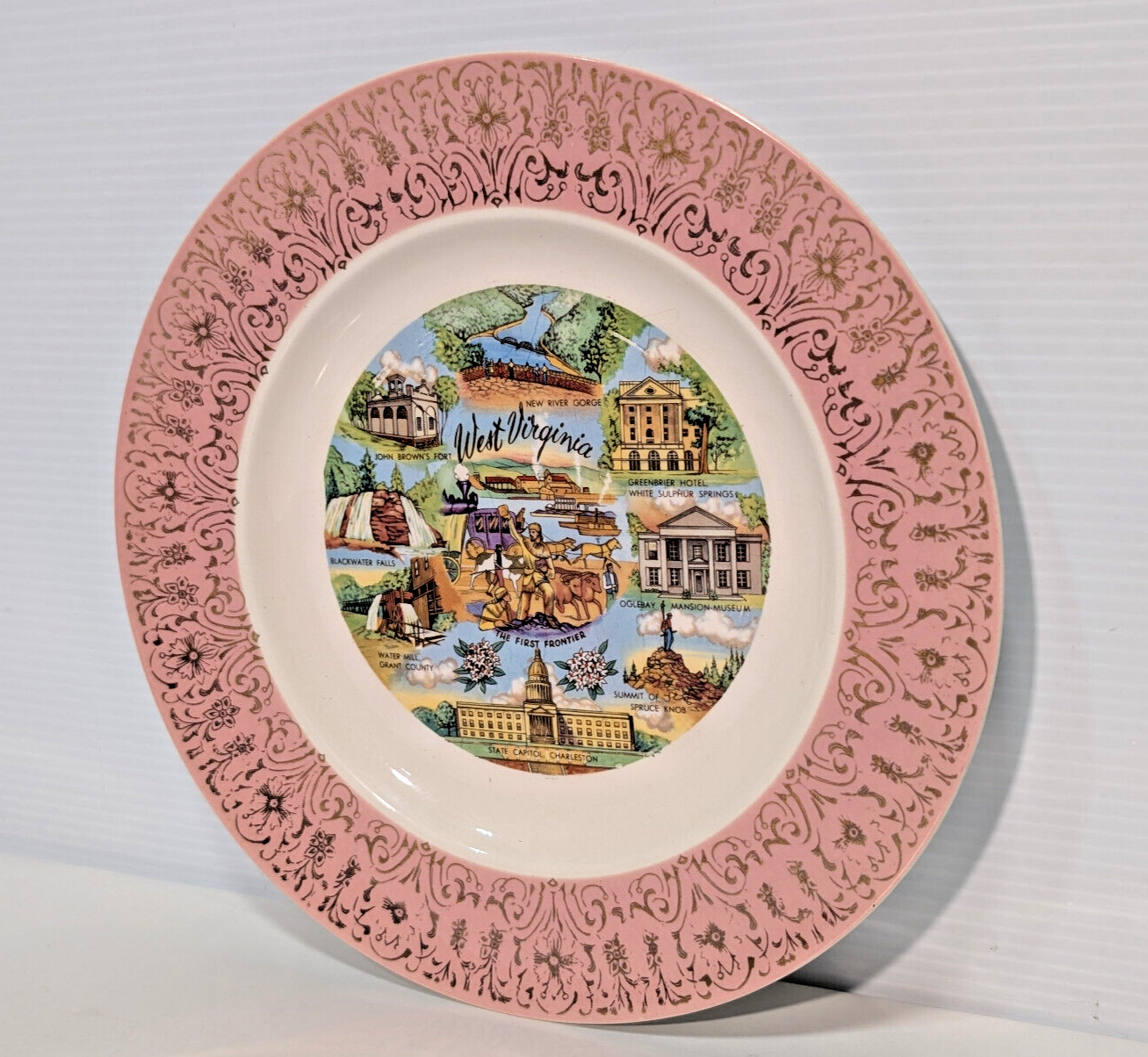 Vintage West Virginia "The First Frontier" 10" Collectable Souvenier Plate Gold
