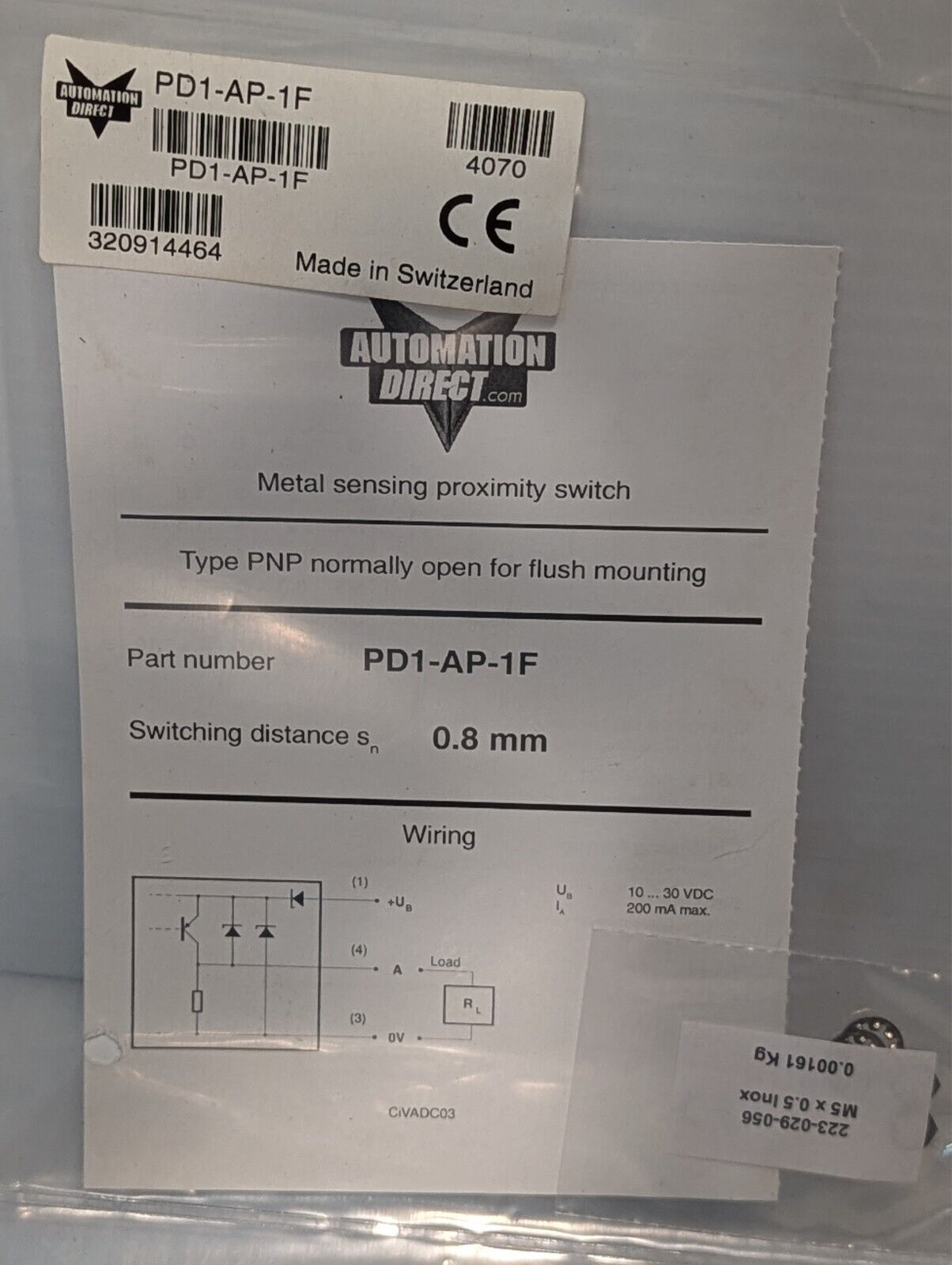 Automation Direct PD1/AP-1F Inductive Proximity Sensor, M8 3-Pin, PNP, NO, D:5mm