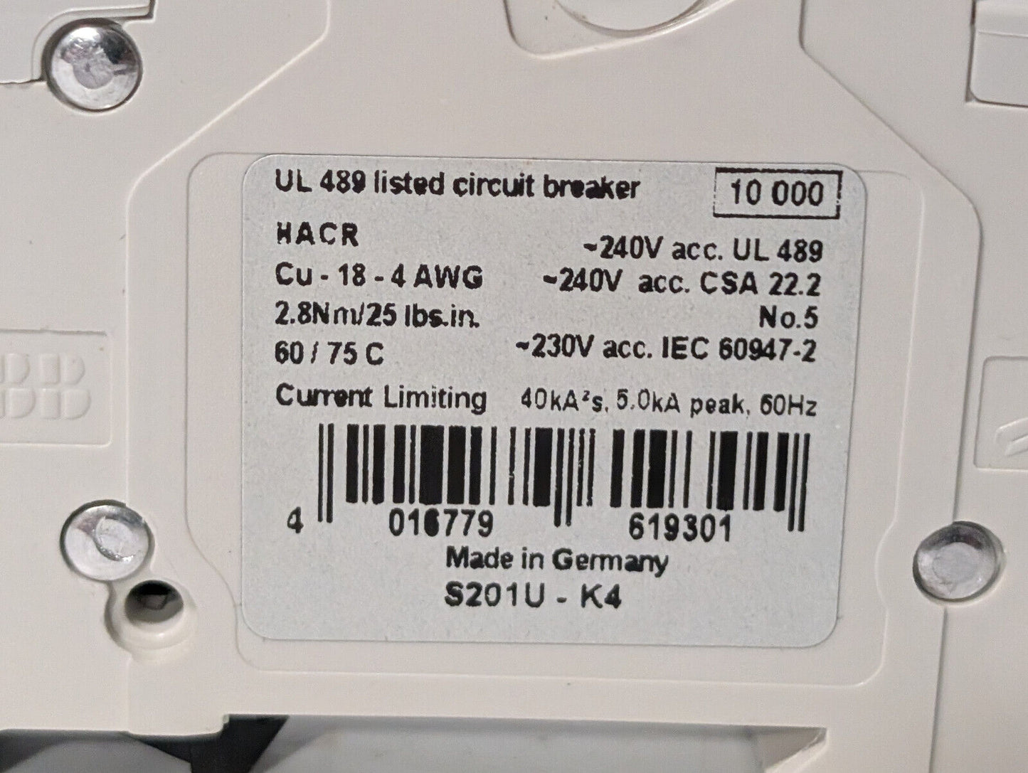 ABB S201U-K4 Circuit Breaker, 4A, 1 Pole, Made in Germany, 50/60 Hz, E212323