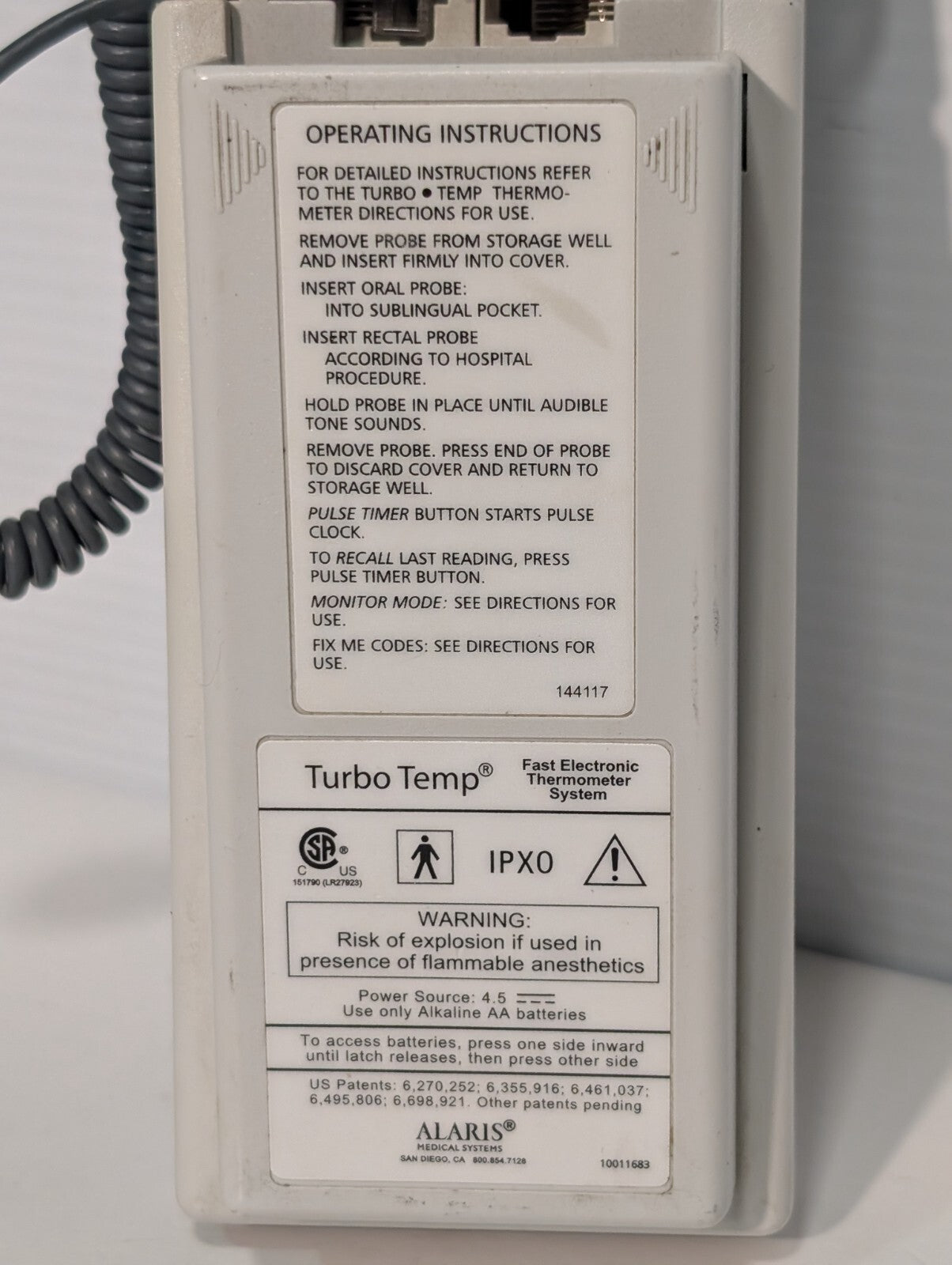 Alaris 2180CX01EE IVAC TurboTemp Electronic Fast Thermometer, Blue Probe Sensor