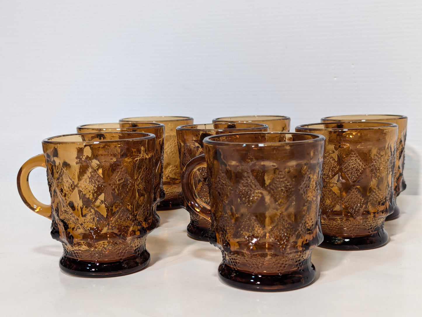 Vintage 8 Piece Anchor Hocking Amber Brown Glass Kimberly Diamond Cups Fire King
