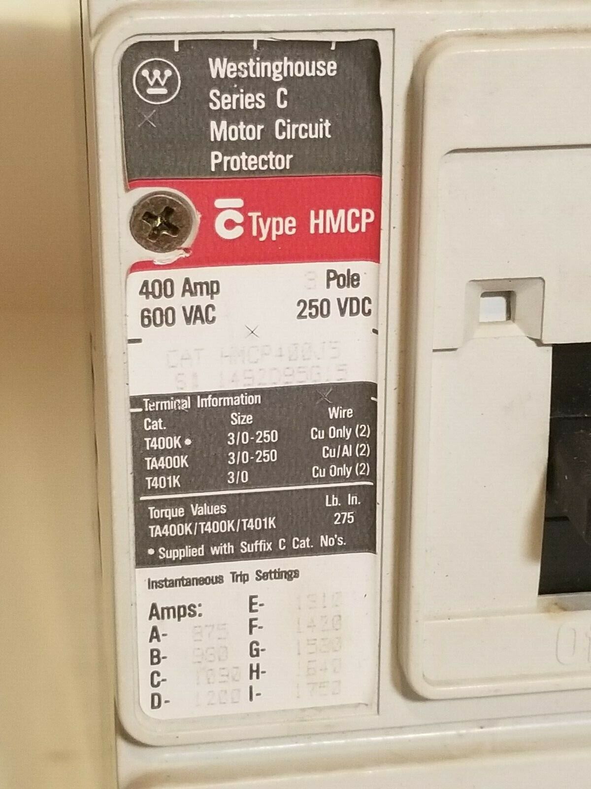 Westinghouse Motor Circuit Protector Series C HMCP400J5 3Pole 400A 600VAC 250VDC