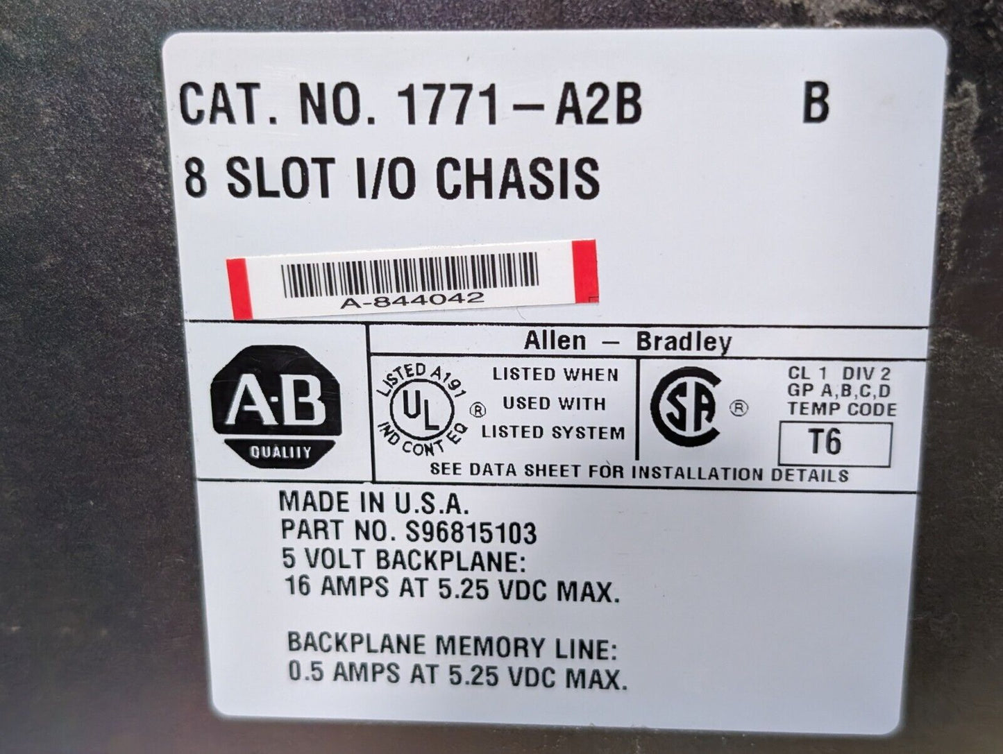 Allen Bradley 1771-A2B PLC 8 Slot I/O Chassis, Series B - Free Shipping