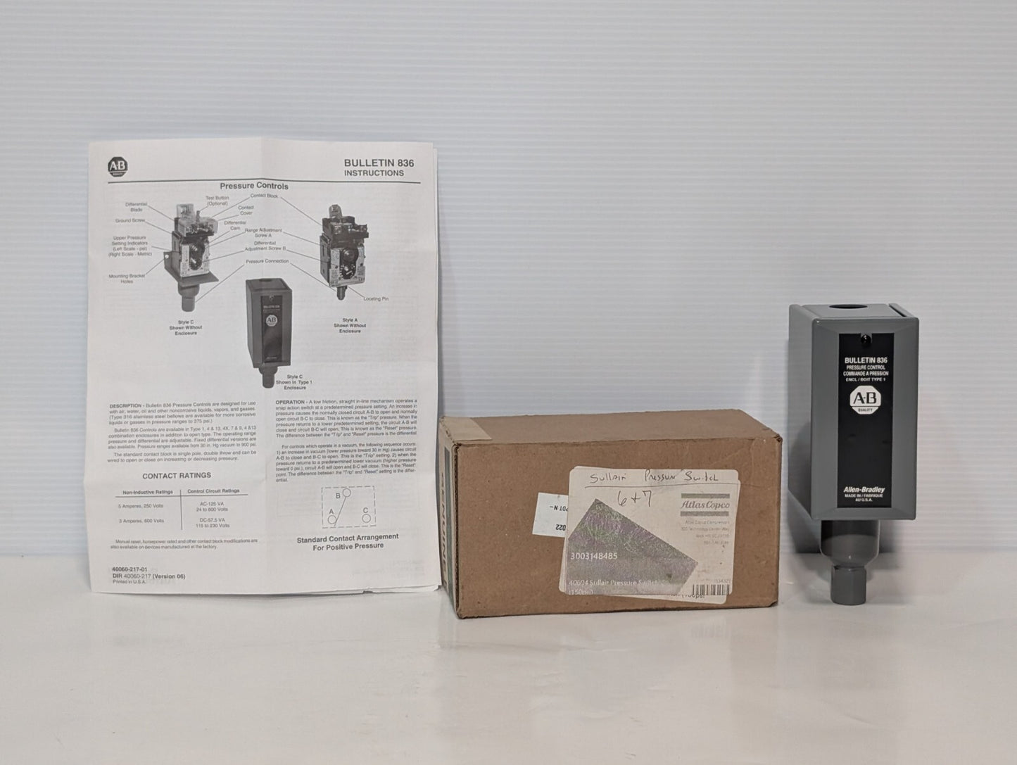 Allen Bradley Bulletin 836 Pressure Control Switch Enclosure Type 1, Made in USA