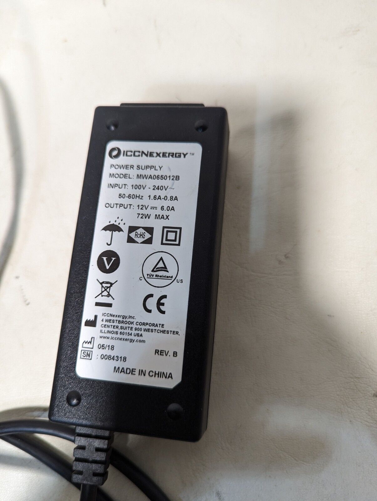 ICCNexergy MWA065012B power supply, 12VDC@6A out, 100-240VAC in