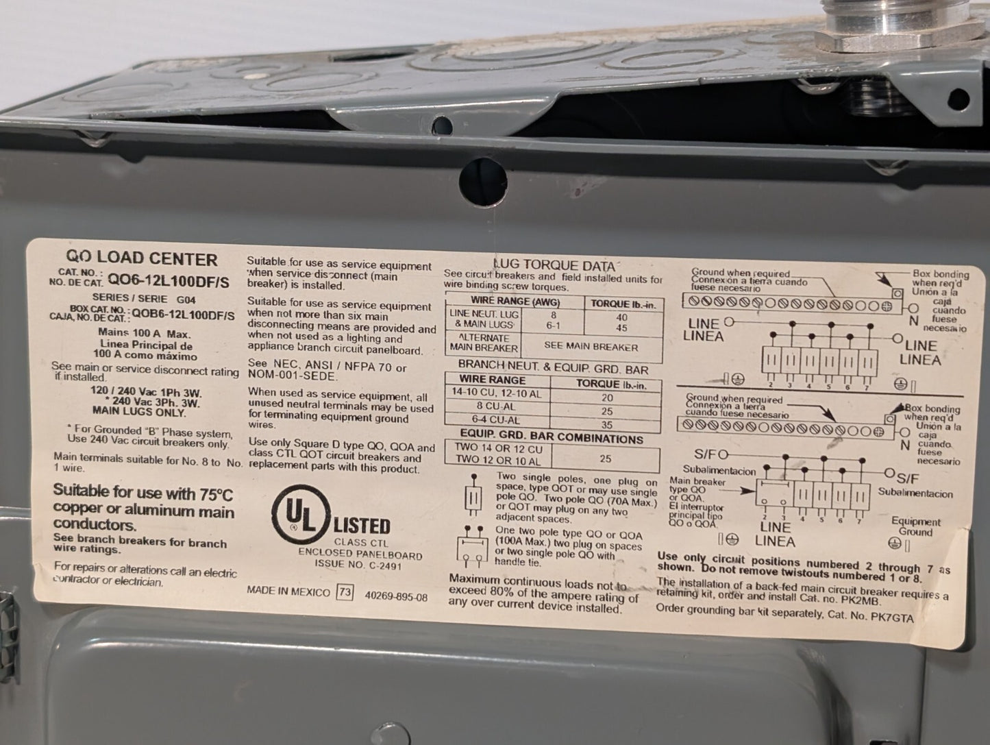 Square D QO6-12L100DS QO Load Center Breaker Box 100A 6 Slots/Circuits