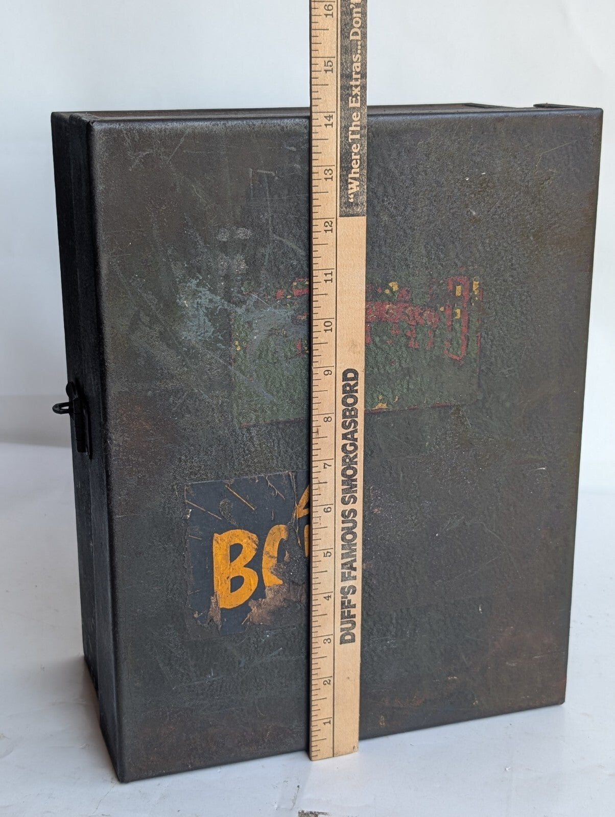 Vintage Metal Cabinet Storage Box with Flap Fold-out, Latch, Shelving