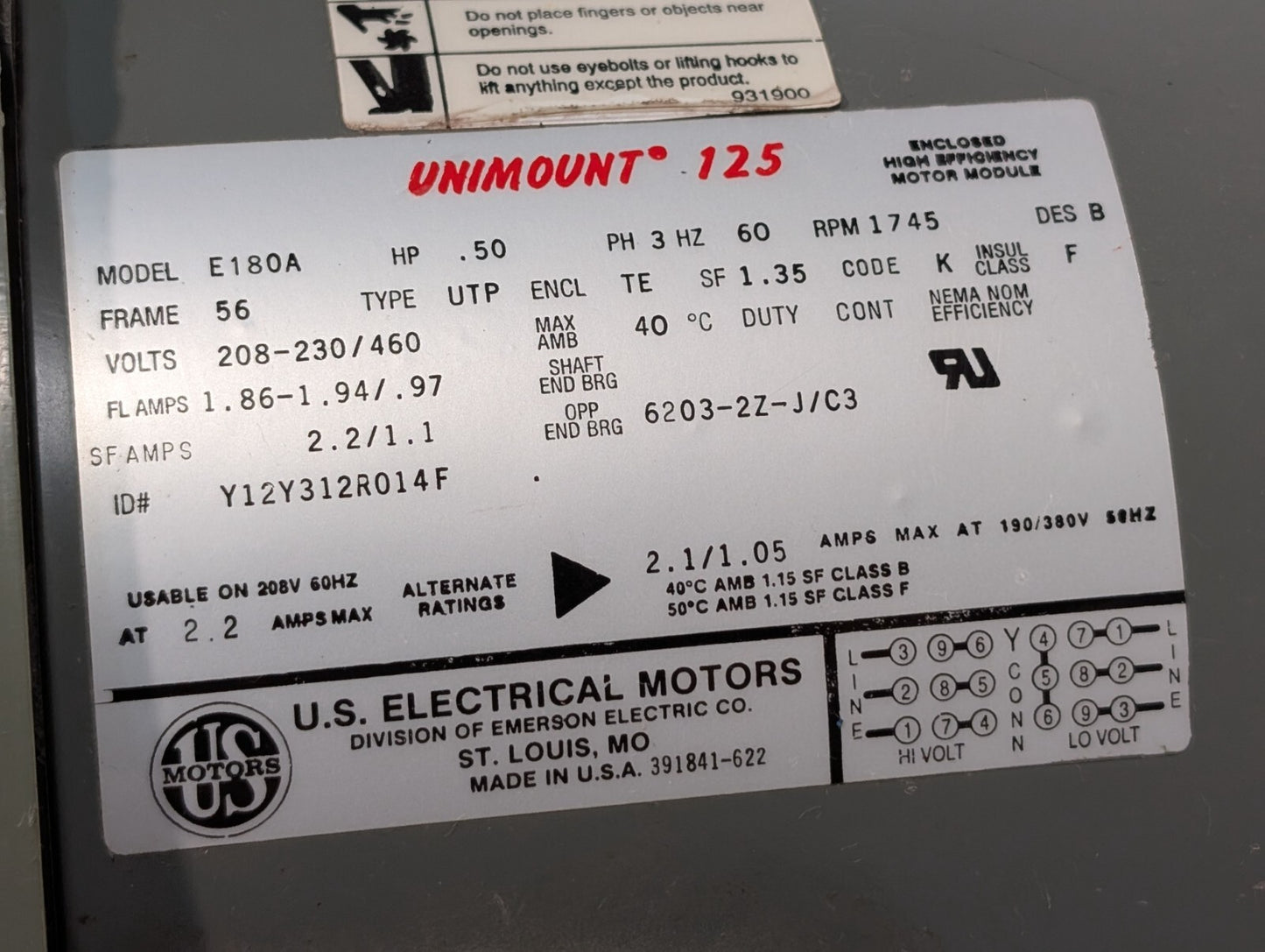 US Motor E180A Gear Motor, Unimount 125, 0.50hp, 1745rpm, SF: 1.35, Frame: 56