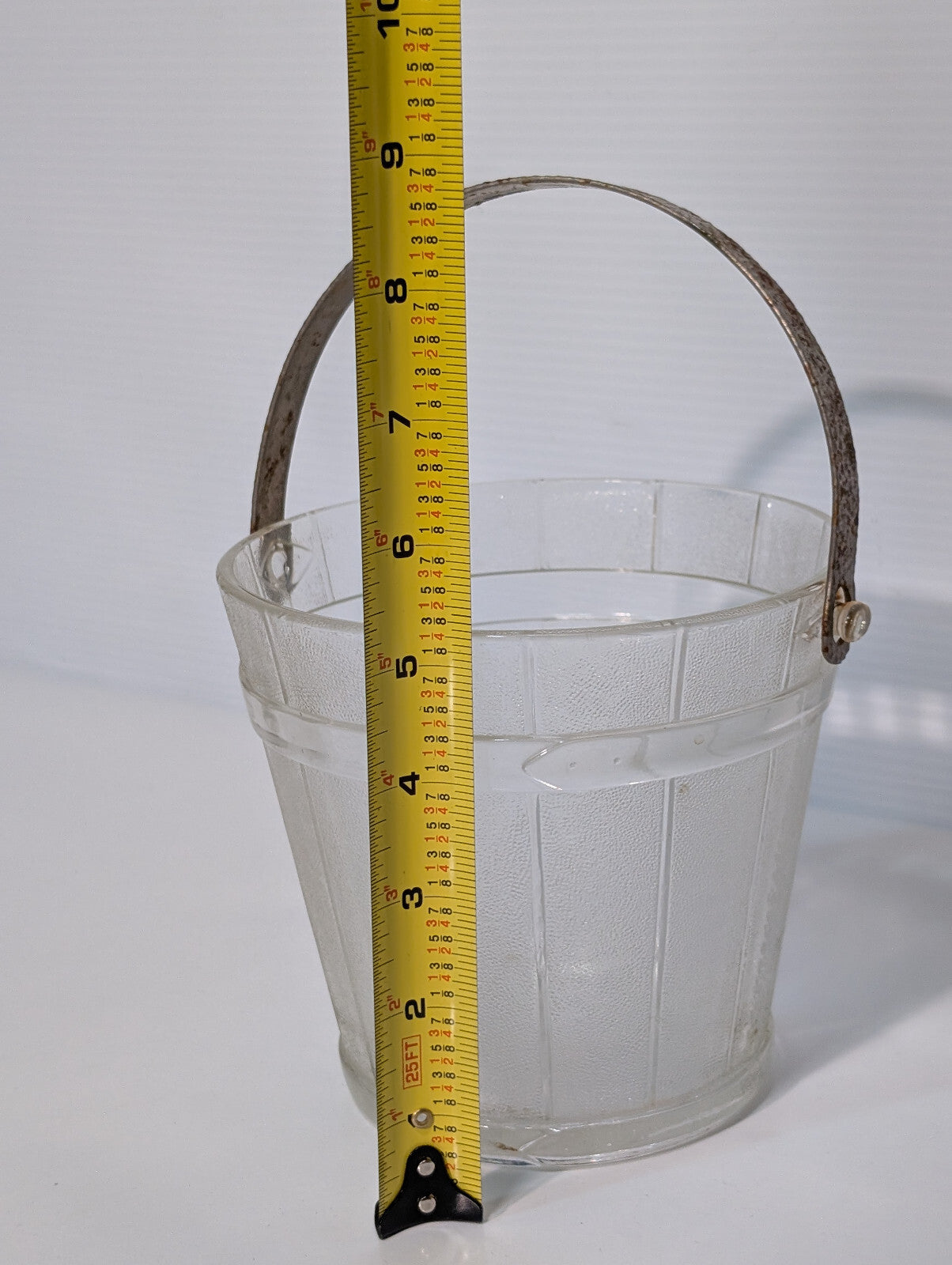 Vintage Mid Century Clear Glass Barrel Ice Bucket Hammered Gold Handle
