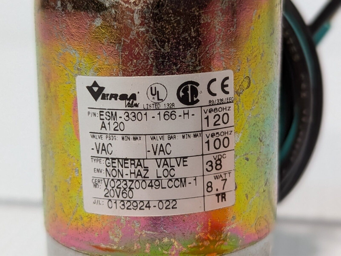 Versa ESM-3301-166-H-A120 solenoid valve, 120/110VAC, 38VDC - Free Shipping