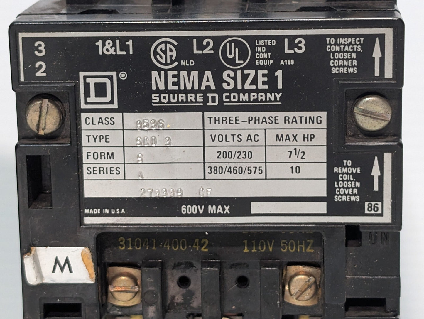 Square D 8536SC03 motor starter, NEMA Size 1, 3 Phase with 31041-400-42 Coil