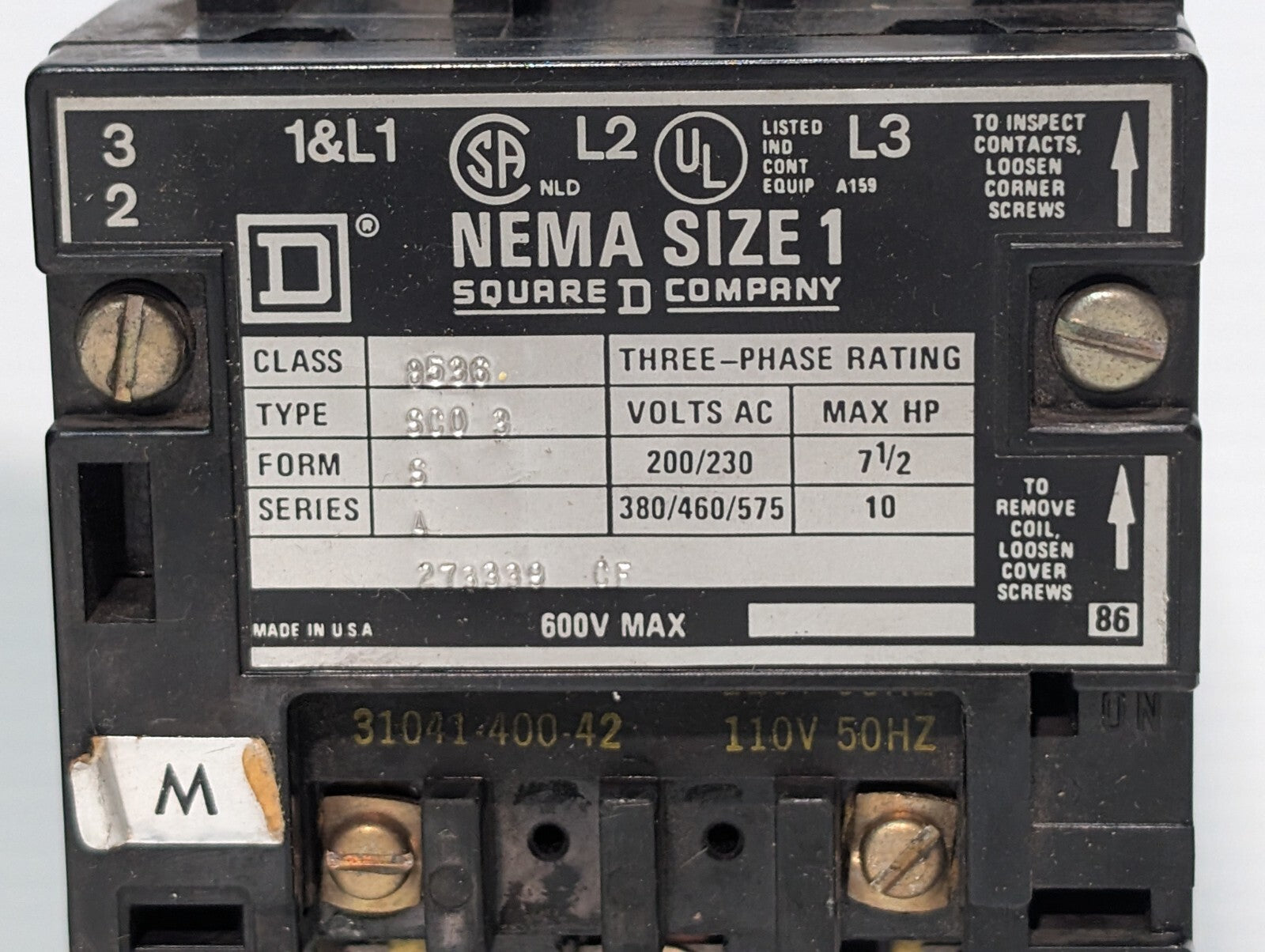 Square D 8536SC03 motor starter, NEMA Size 1, 3 Phase with 31041-400-42 Coil