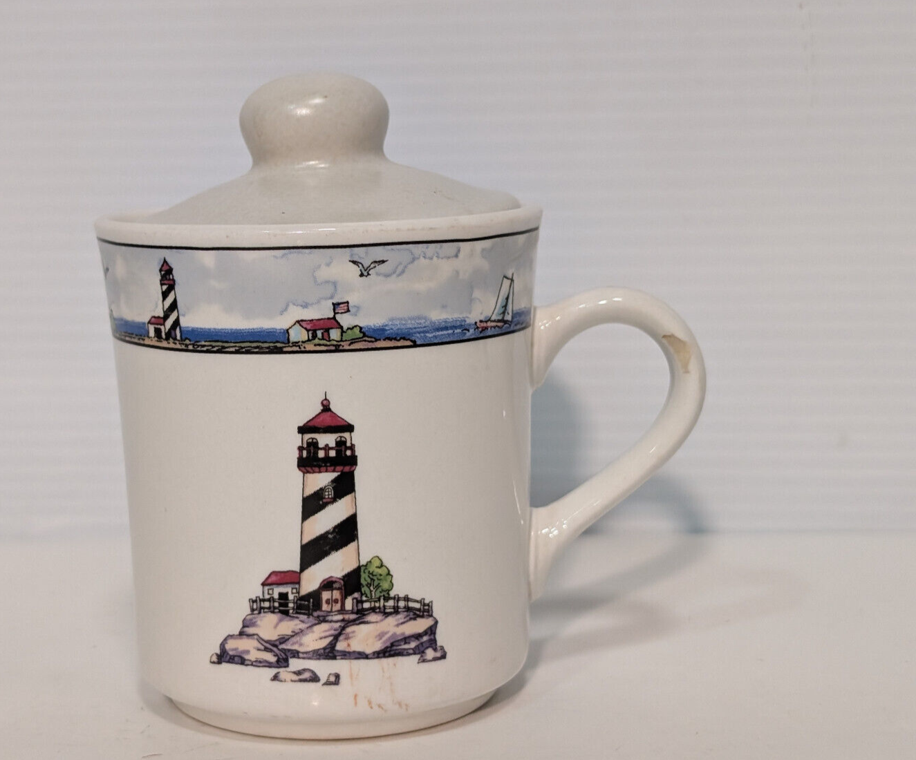 Vintage Lighthouse Maritime Sailboats Ceramic Stonewear Lidded Tea Coffee Mug