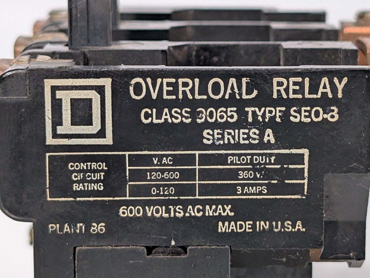 Square D Class 9065 Type SEO-8 Series A Overload Relay 600VAC