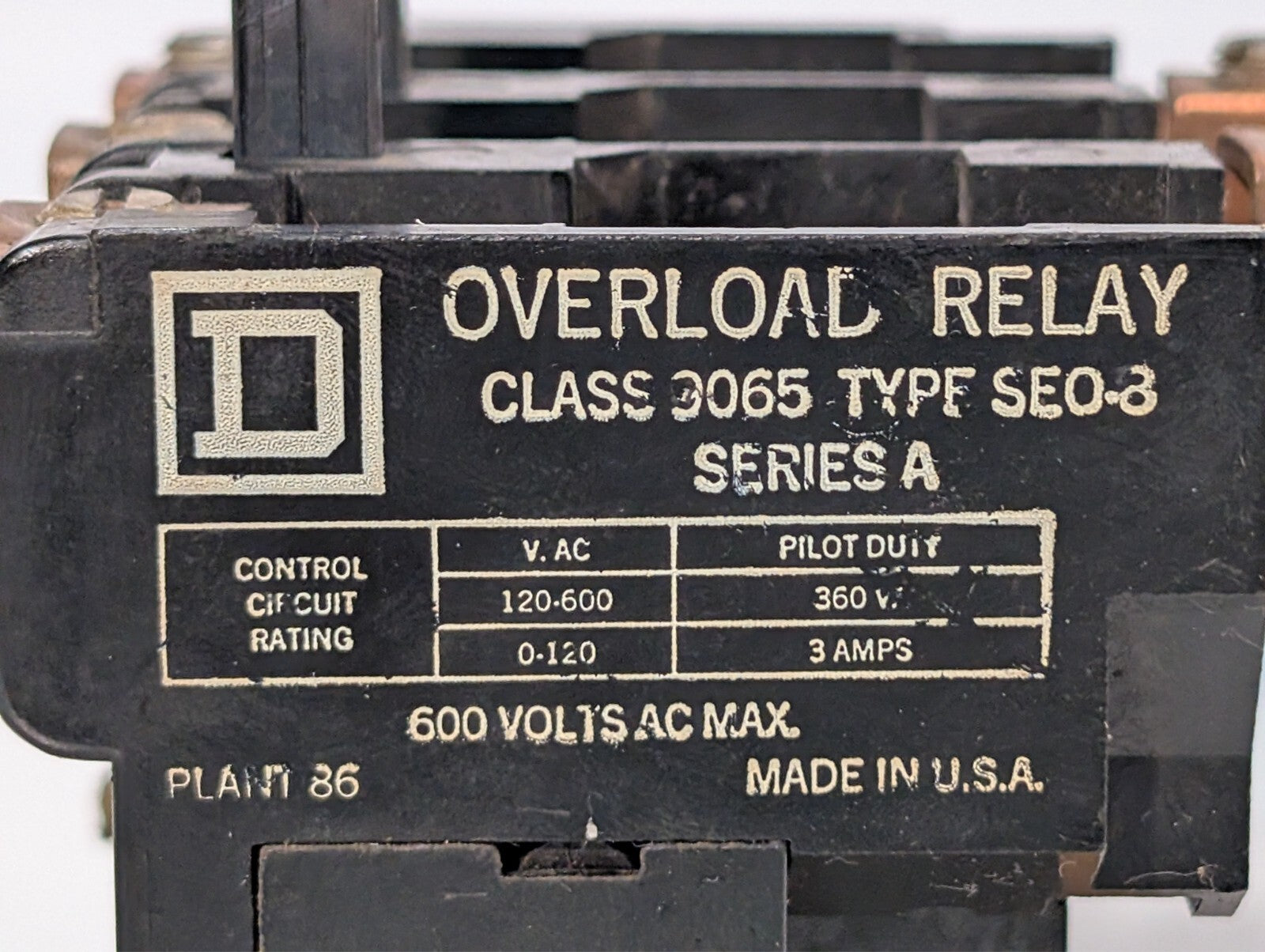 Square D Class 9065 Type SEO-8 Series A Overload Relay 600VAC