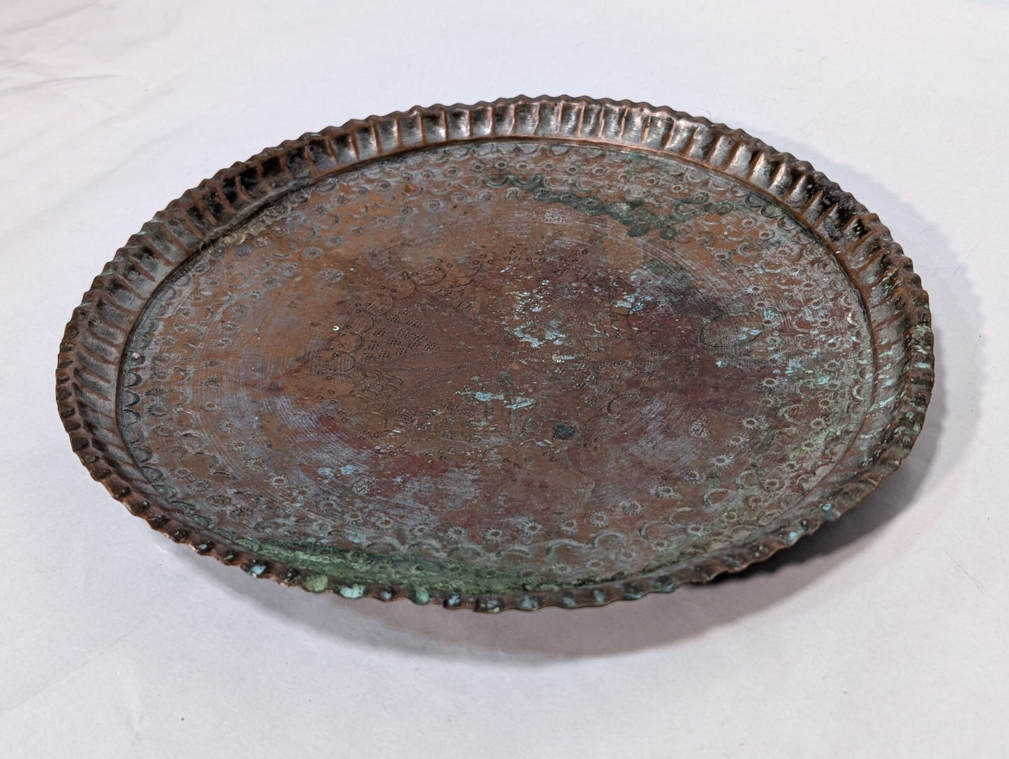 Vintage Hammered + Etched Copper Tray, Possibly Persian or Syrian, 13" Diameter