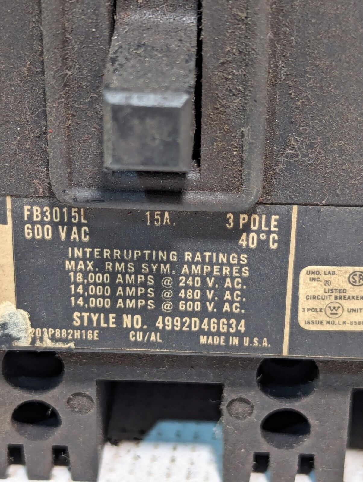 Westinghouse FB3015L circuit breaker, 15A, 4992D46G34, 600VAC, 3 pole