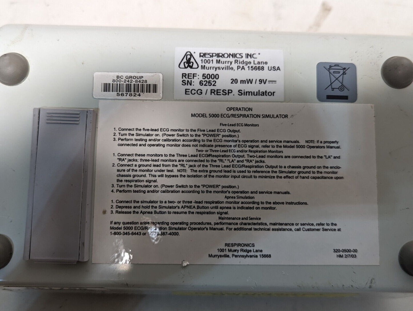 Respironics 5000, HealthDyne Technologies ECG/Resp. simulator