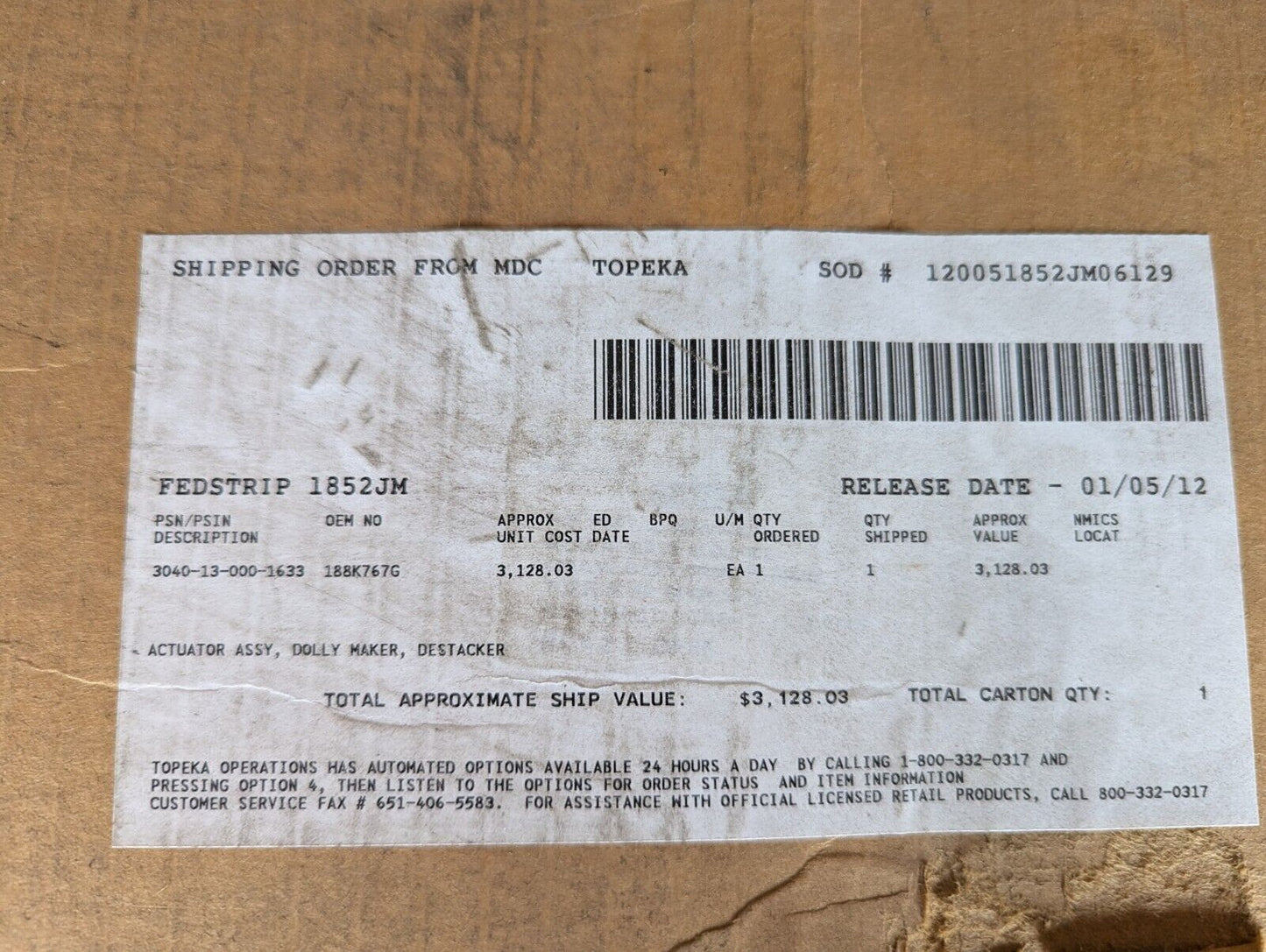 Macron 11237F01 Linear Actuator Assembly, Dolly Maker / 3040-13-000-1633