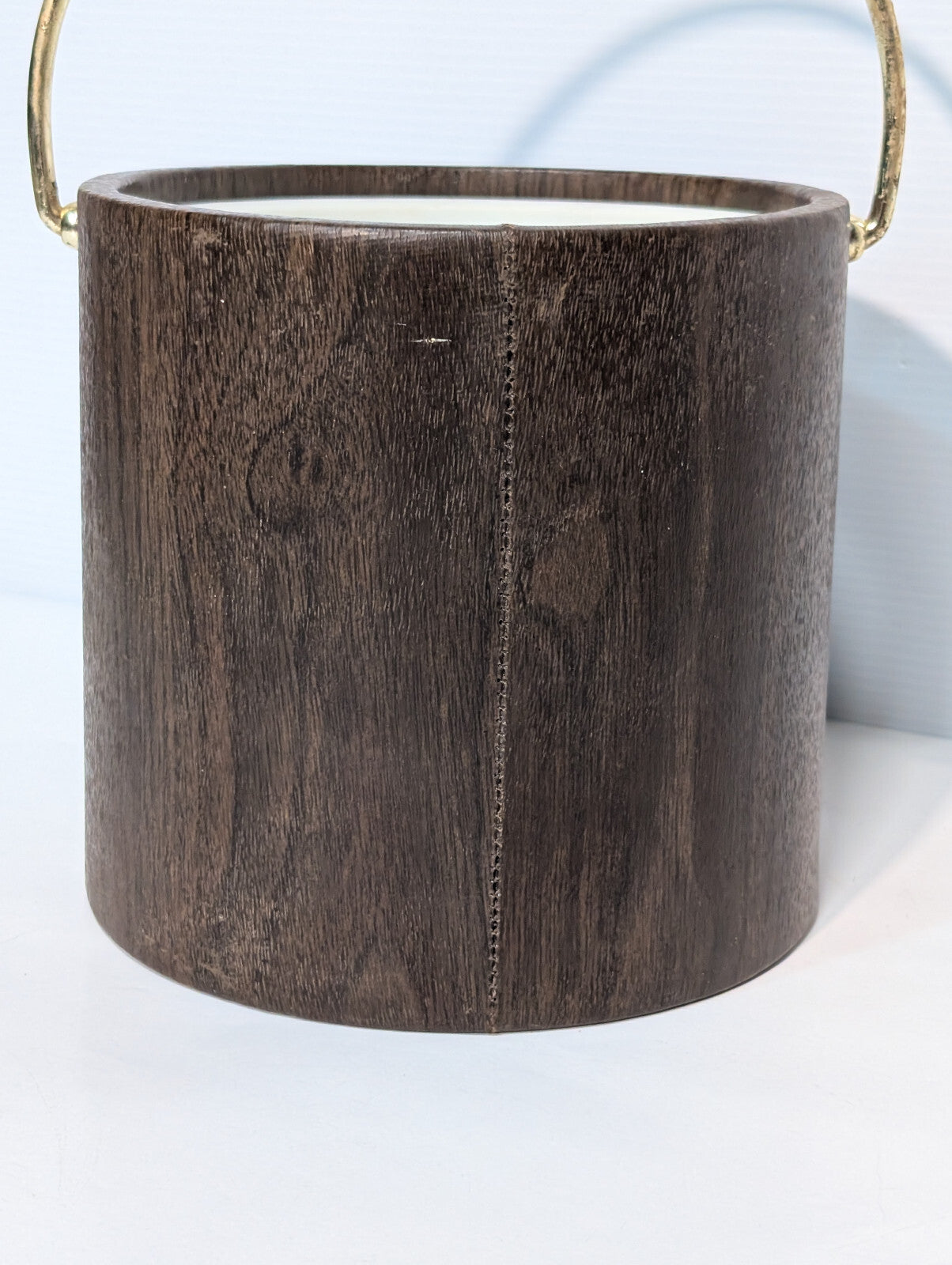 Vintage 1970s Party Ice Bucket Vinyl Faux Wood Grain Gold Handle, No Lid
