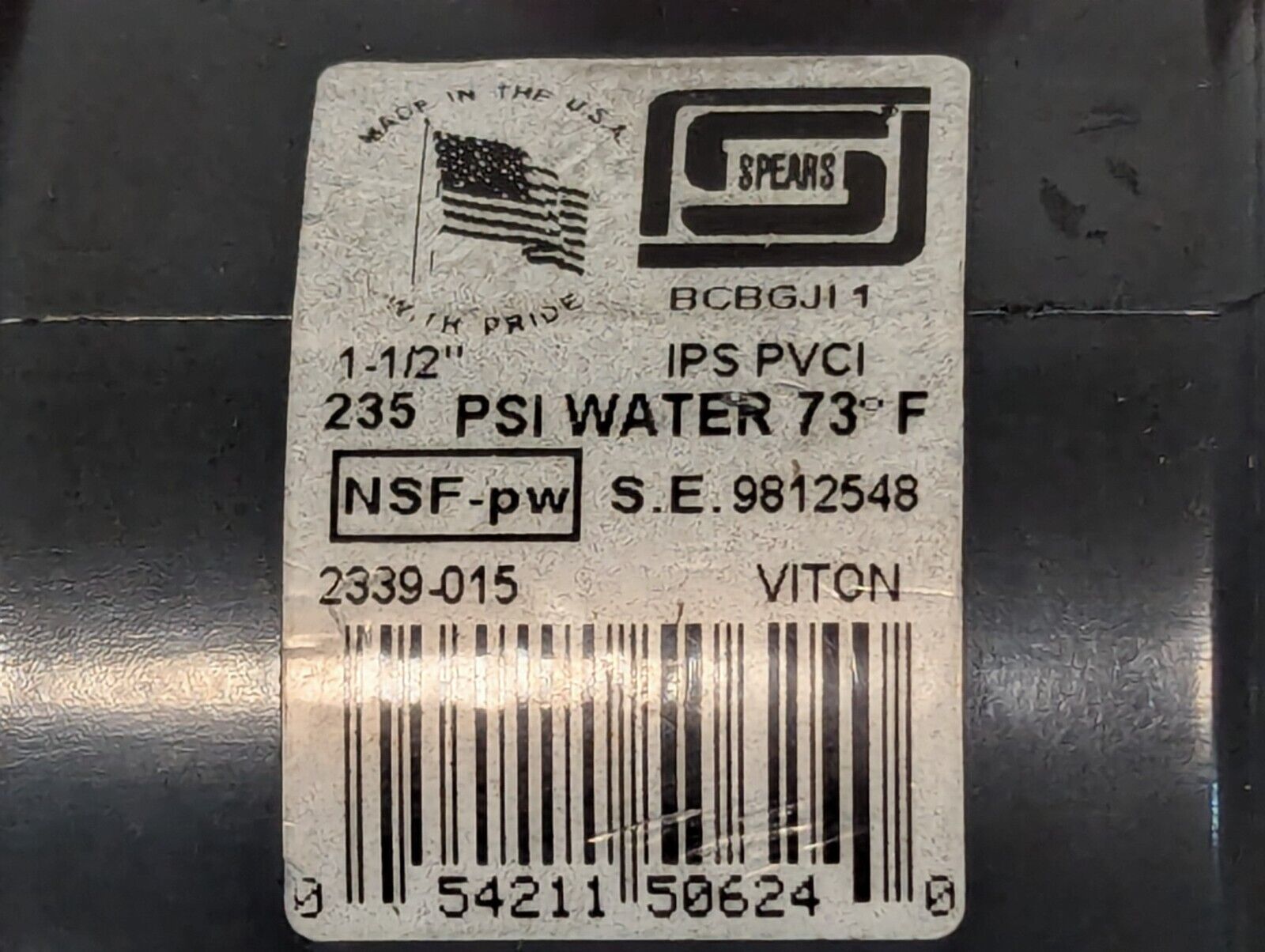 Spears 2339-015 True Union Ball Valve, Viton O-Ring, 1-1/2" Dia., 235psi, PVC